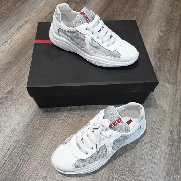 Prada America's Cup Biker Fabric White Sneakers Size 5.5 Authenticated - Picture 1 of 16